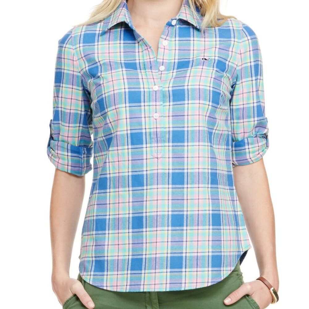 Vineyard Vines Little River Cotton Blue Pink Yellow Plaid Popover Blouse EUC sz4
